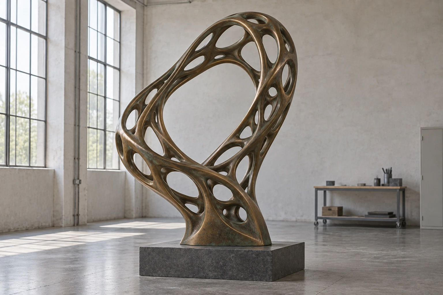 Scultura monumentale in bronzo con struttura aperta, ambientata in un atelier industriale
